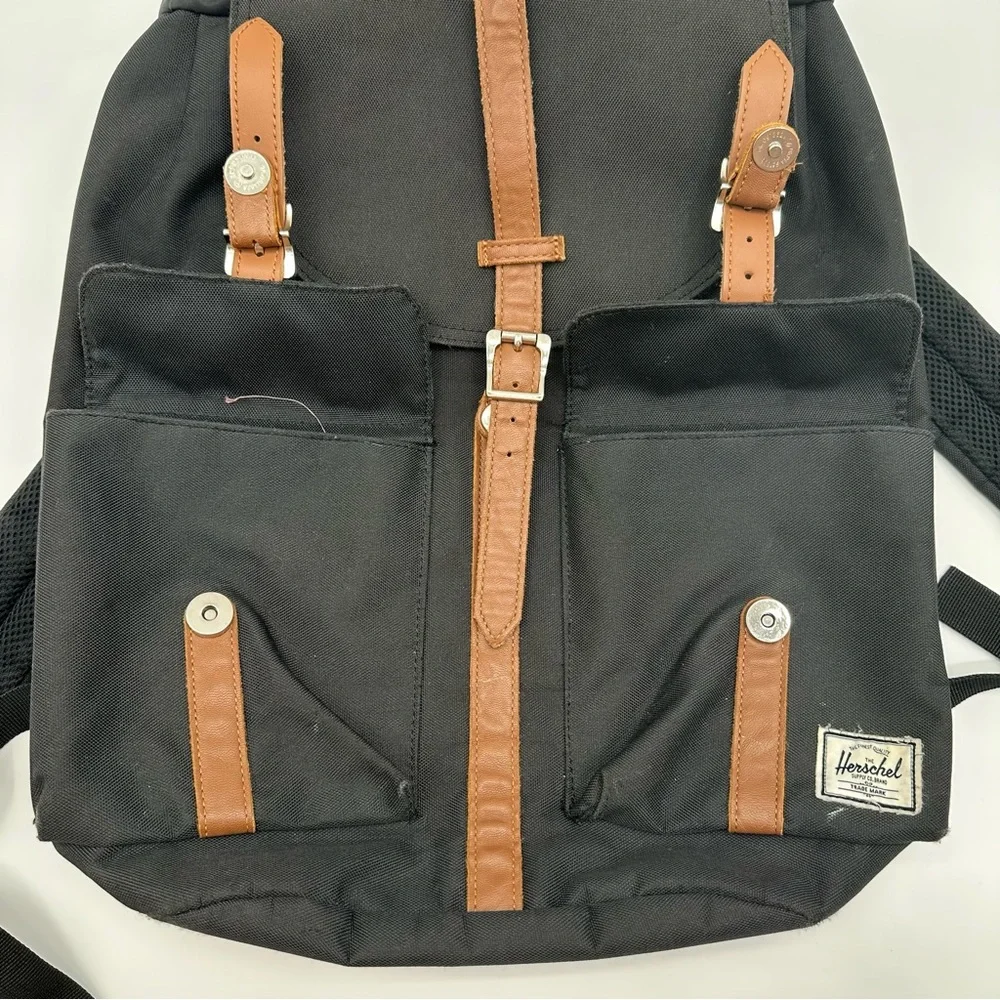 Herschel Supply Dawson’s Backpack Black Brown Magnetic Straps Canvas Minor Stain
